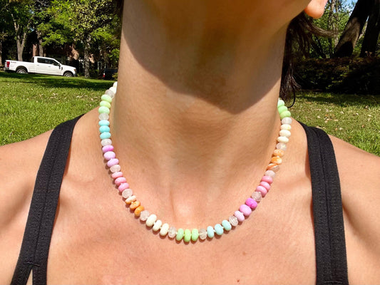 Spring Fling Neon Opal and Moonstone Hand Knotted Gemstone Necklace