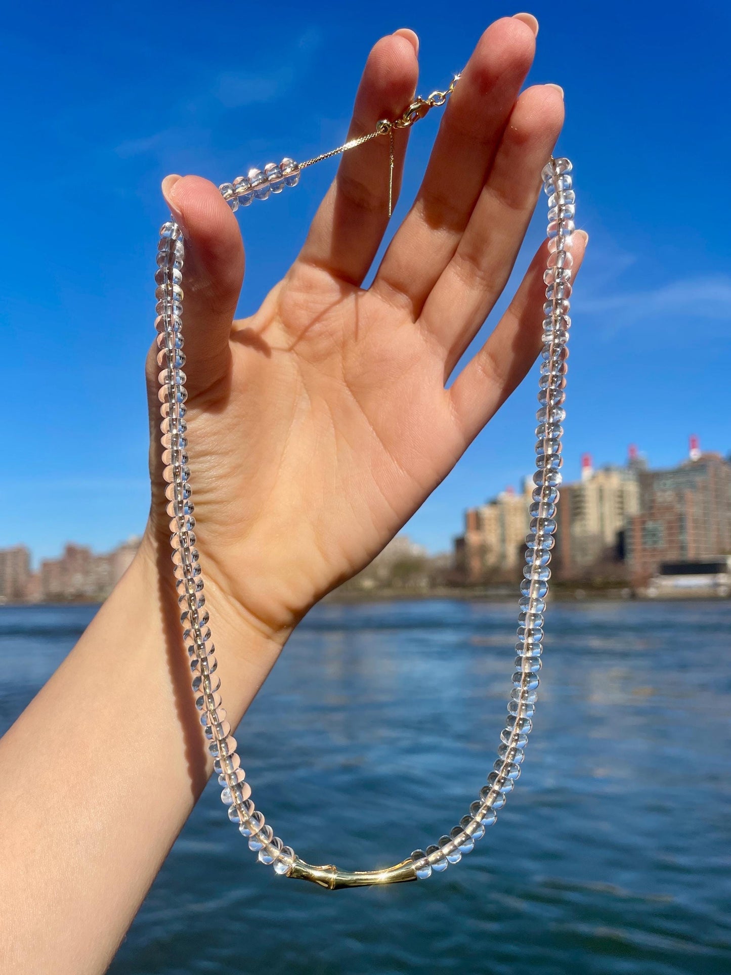 Quartz Gemstone Necklace: 14K GF Chain, Golden Bamboo