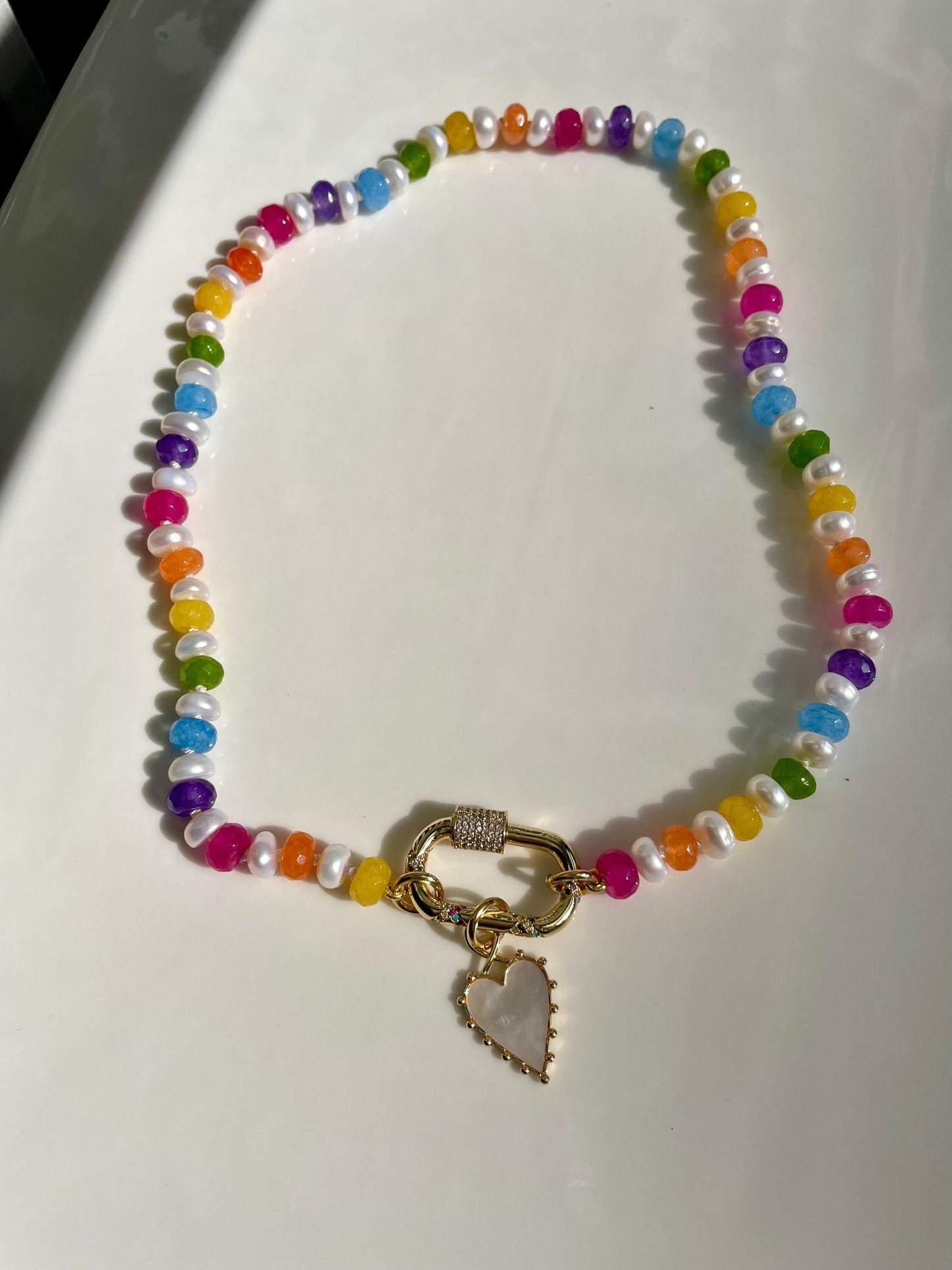Lucky Charms with Whole Milk Gemstone and Freshwater Pearl Candy Necklace | 14K Gold Filled Charm Bar Carabiner | 18”