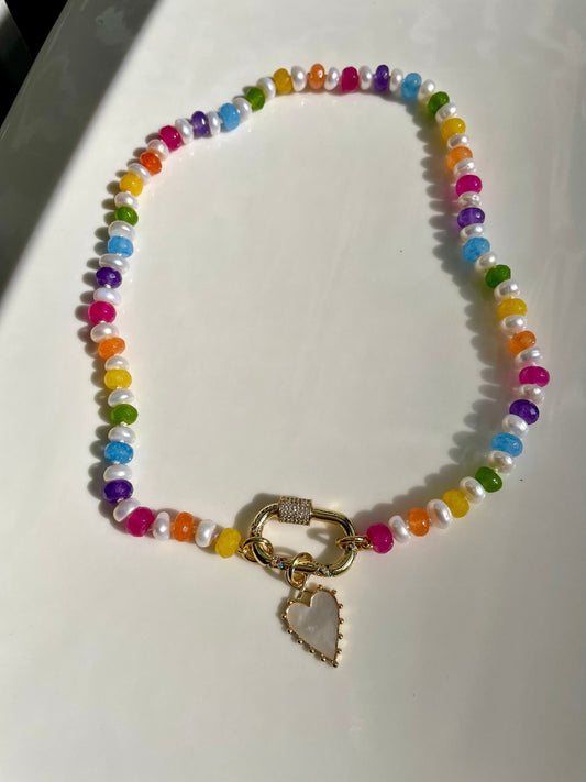 Lucky Charms with Whole Milk Gemstone and Freshwater Pearl Candy Necklace | 14K Gold Filled Charm Bar Carabiner | 18”
