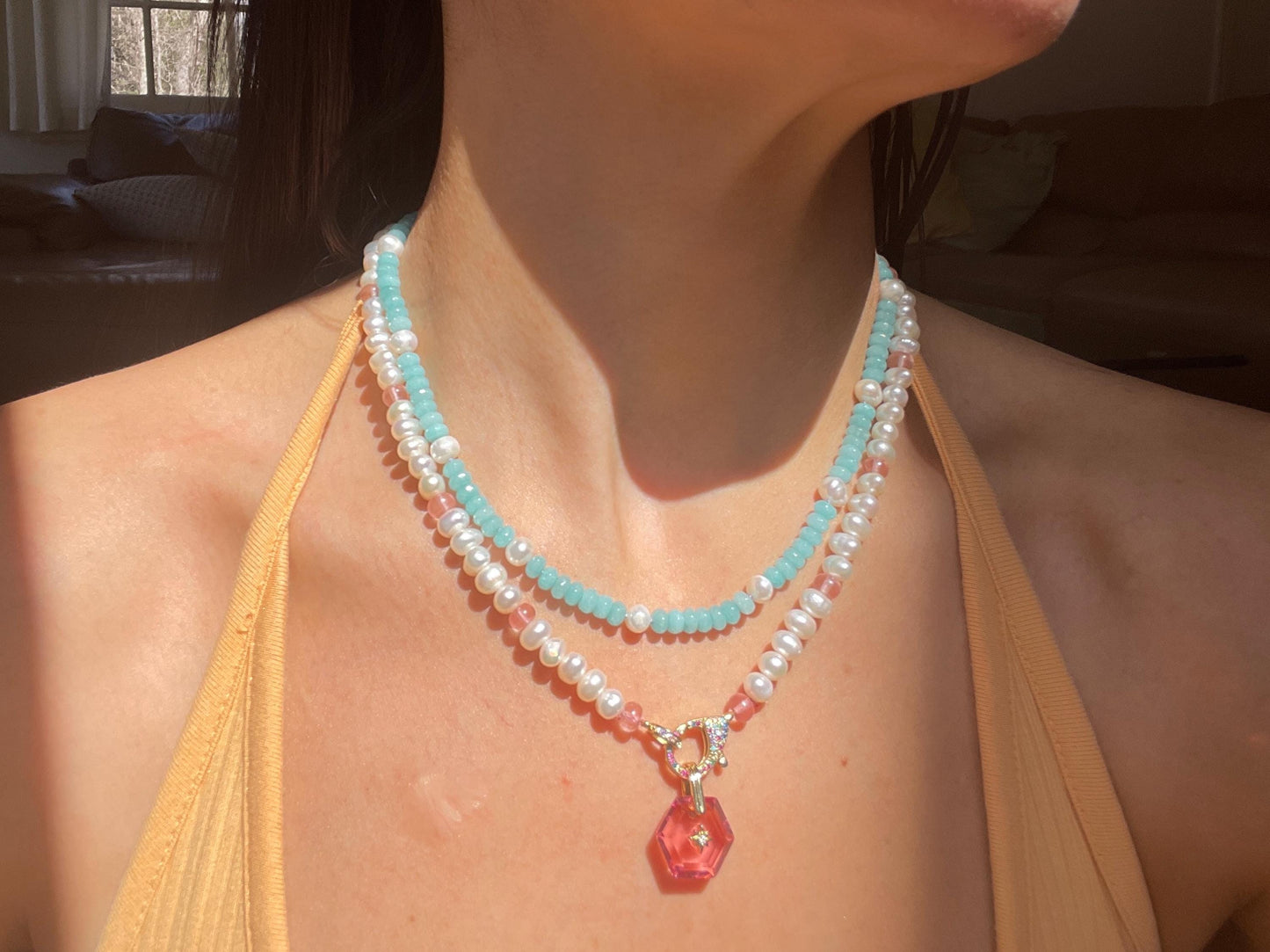 Strawberries & Cream 2 Fresh Water Pearl and Jade Gemstone Candy Necklace with Rainbow Enhancer Clasp and Art Deco Charm