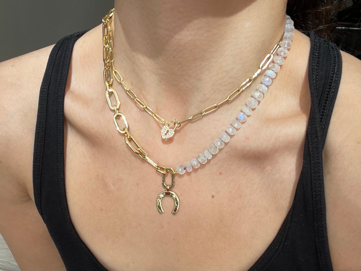 I’m So Lucky - Moonstone and 24K Gold Filled Chunky Chain with Gemmy Horseshoe Charm