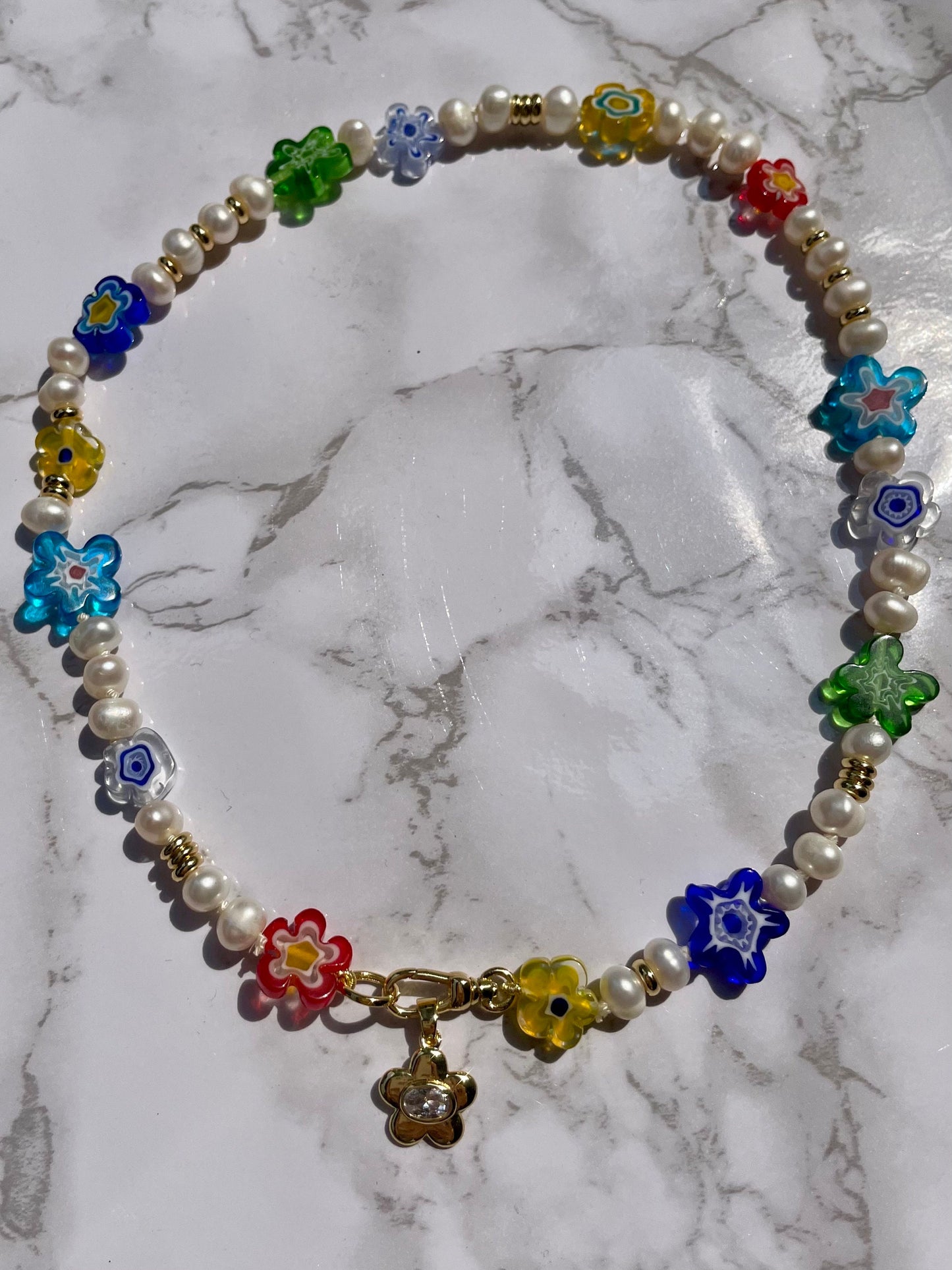 Flower Puff Power - Freshwater Pearl and Glass Flower Necklace with 14k GF Enhancer Clasp & Crystal Charm