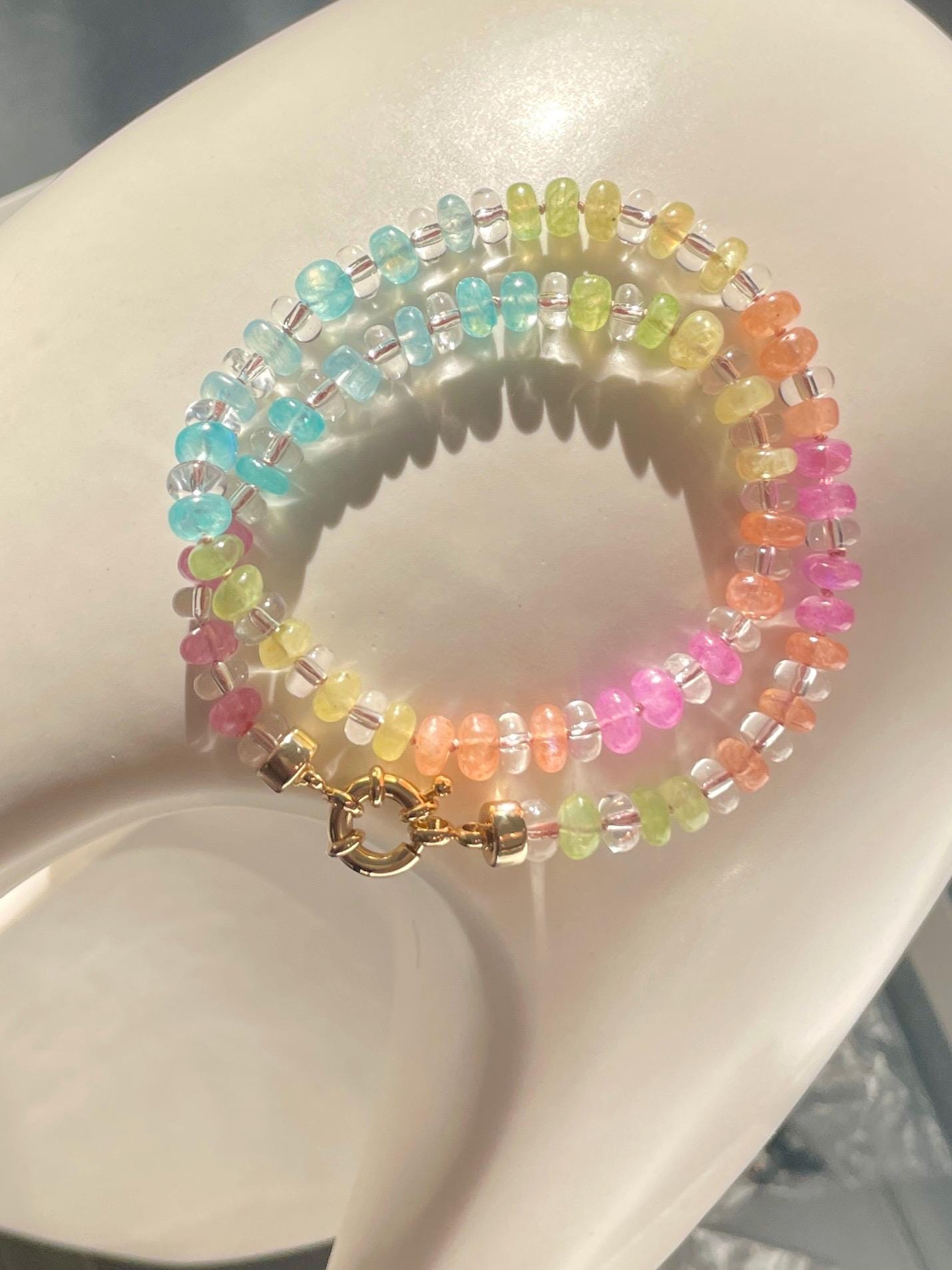 Rainbow Icee Luxe - Moonstone & Quartz Choker, 14K GF Clasp, Handknotted Silk Thread