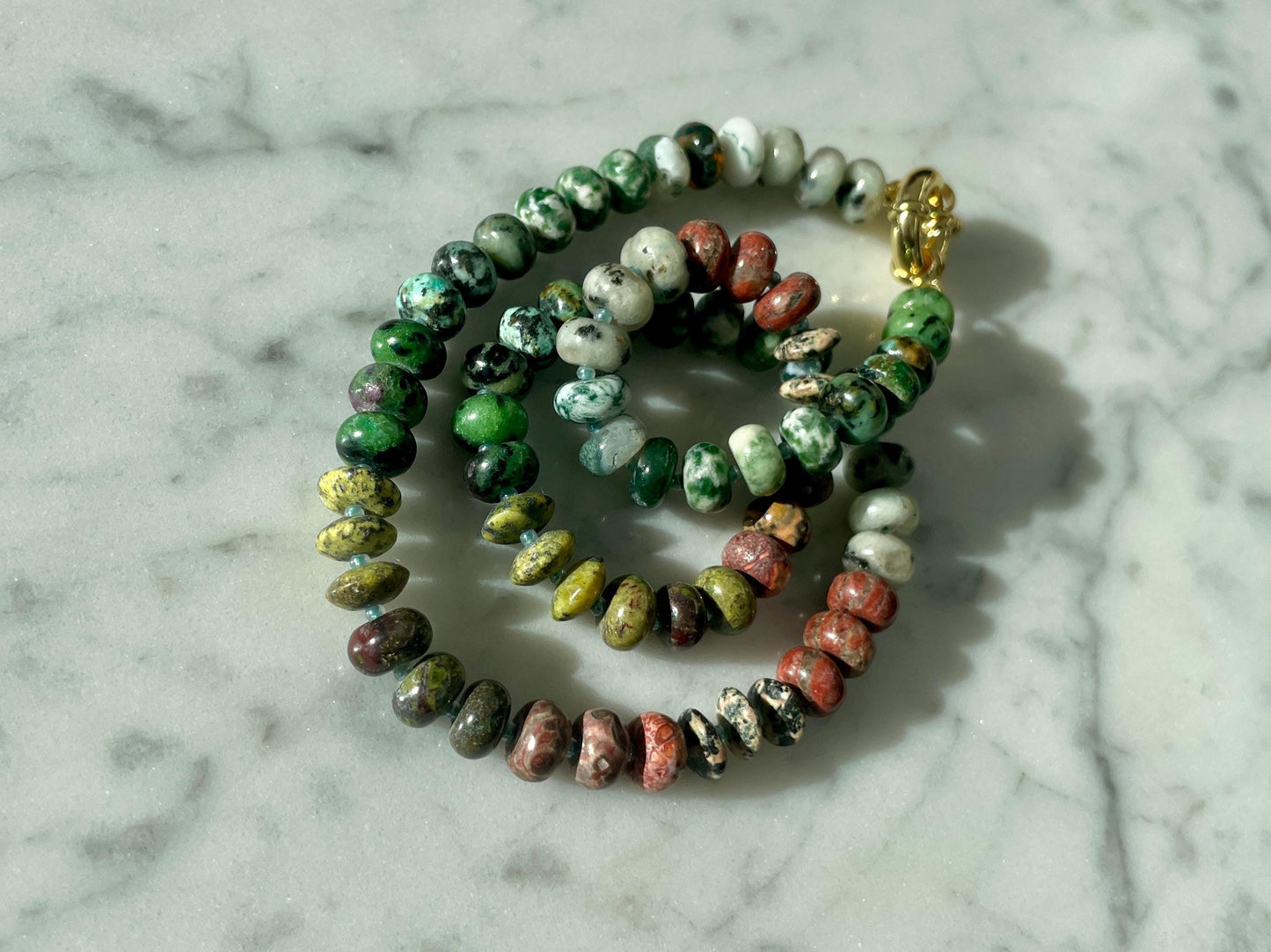 Pet Rock: Big Bob Moss - Earthy Green Jade Gemstone Rainbow Necklace with 14K GF Enhancer Clasp