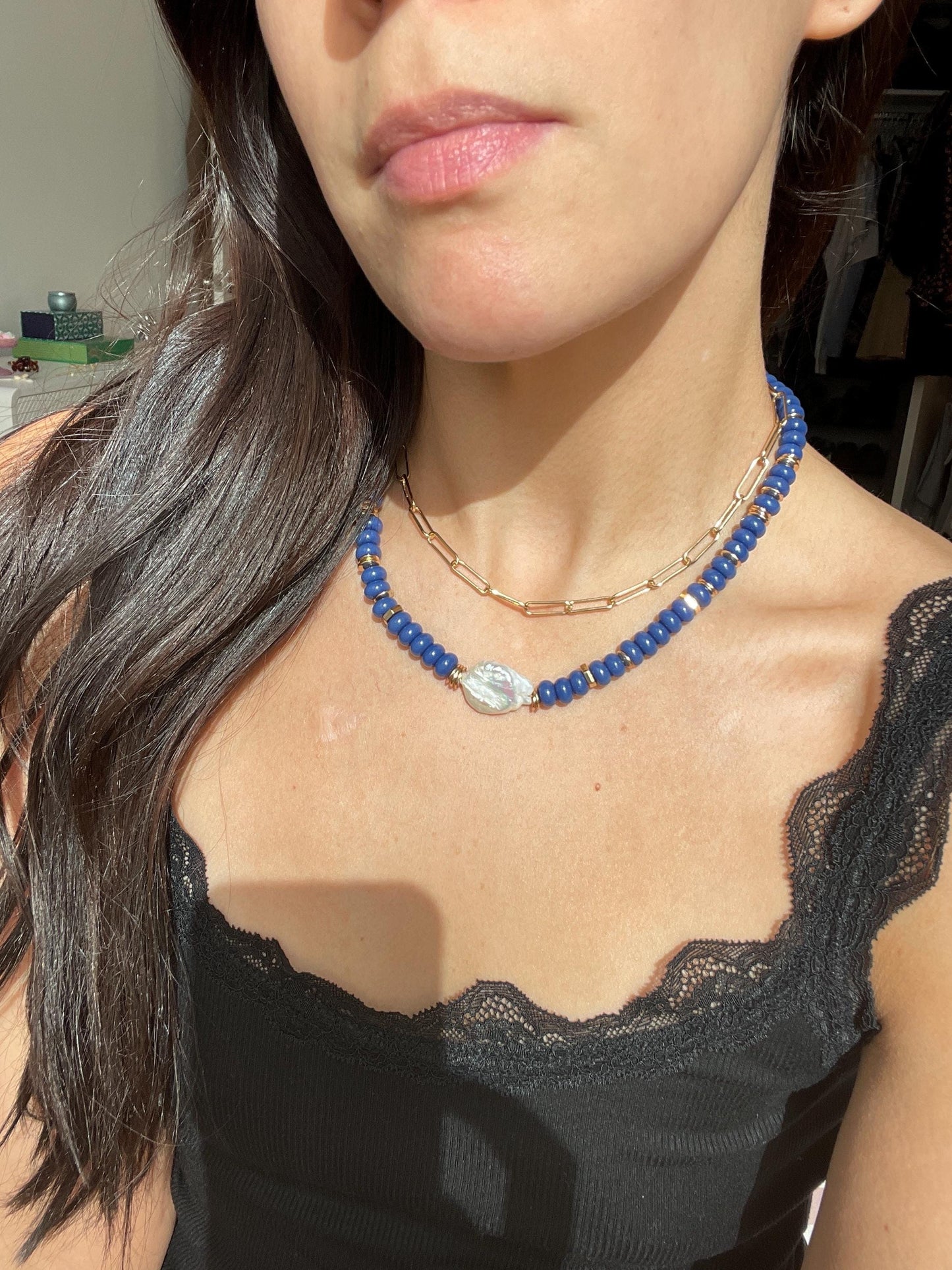 Layer Ya, Dare Ya - Bluey Gemstone, Gold, and Pearl Necklace with Paperclip Chain