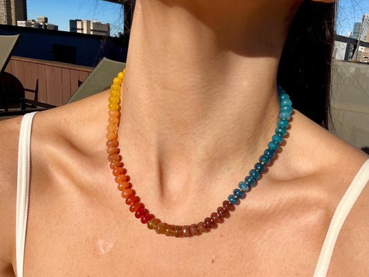 Cosmic Brownie - Ombre Tertiary Rainbow Gemstone Candy Necklace with 14K GF Enhancer Charm Clasp