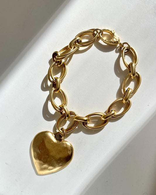 Heart of Palm Bracelet - Puffy Heart Charm Antique Brass Bracelet