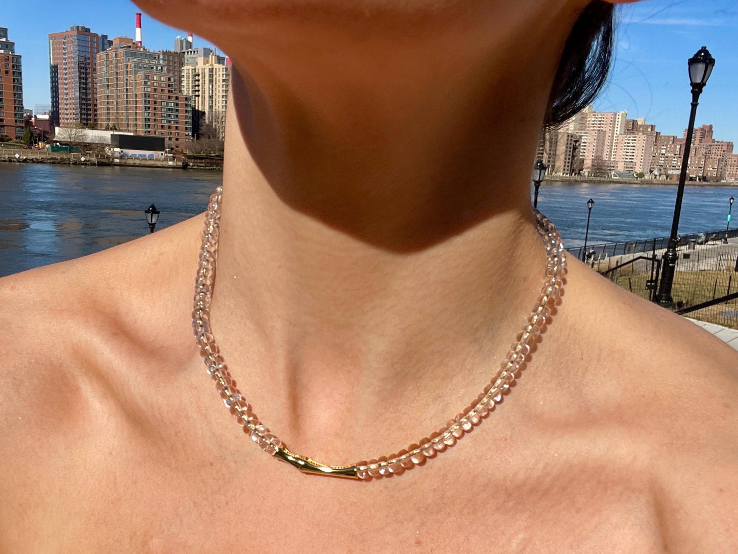 Quartz Gemstone Necklace: 14K GF Chain, Golden Bamboo