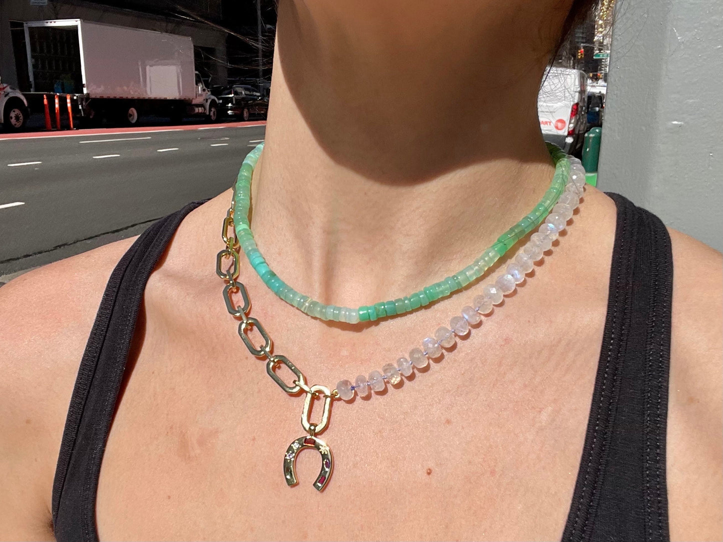 I’m So Lucky - Moonstone and 24K Gold Filled Chunky Chain with Gemmy Horseshoe Charm
