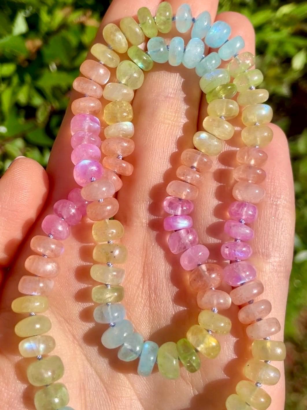 Mrs. Frizzle's Fave Luxe - Rainbow Moonstone Necklace, 14K Gold Clasp, Hand Knotted Silk Thread
