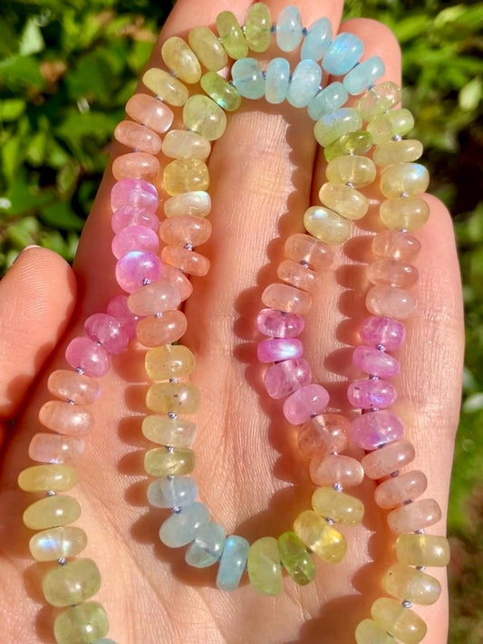 Mrs. Frizzle's Fave Luxe - Rainbow Moonstone Necklace, 14K Gold Clasp, Hand Knotted Silk Thread