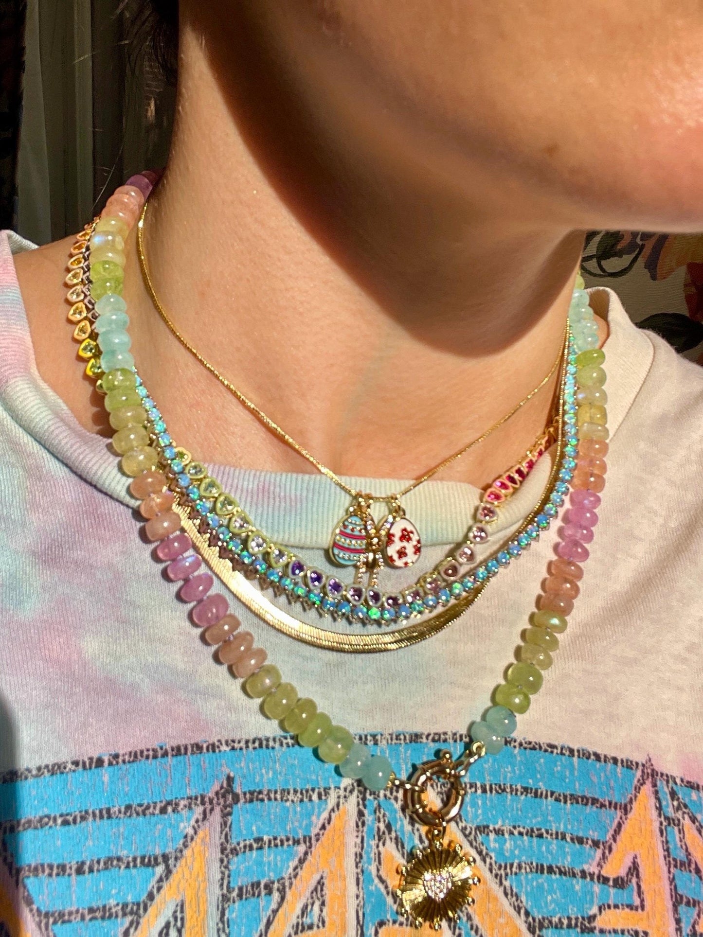 Mrs. Frizzle's Fave Luxe - Rainbow Moonstone Necklace, 14K Gold Clasp, Hand Knotted Silk Thread