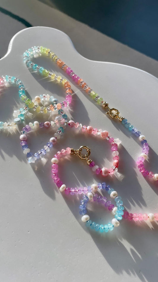 Rainbow Icee Luxe - Moonstone & Quartz Choker, 14K GF Clasp, Handknotted Silk Thread