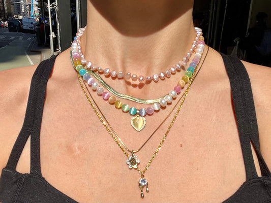 Lisa Frank's Choker - Hand-Knotted Rainbow Cat's Eye & Freshwater Pearl Necklace