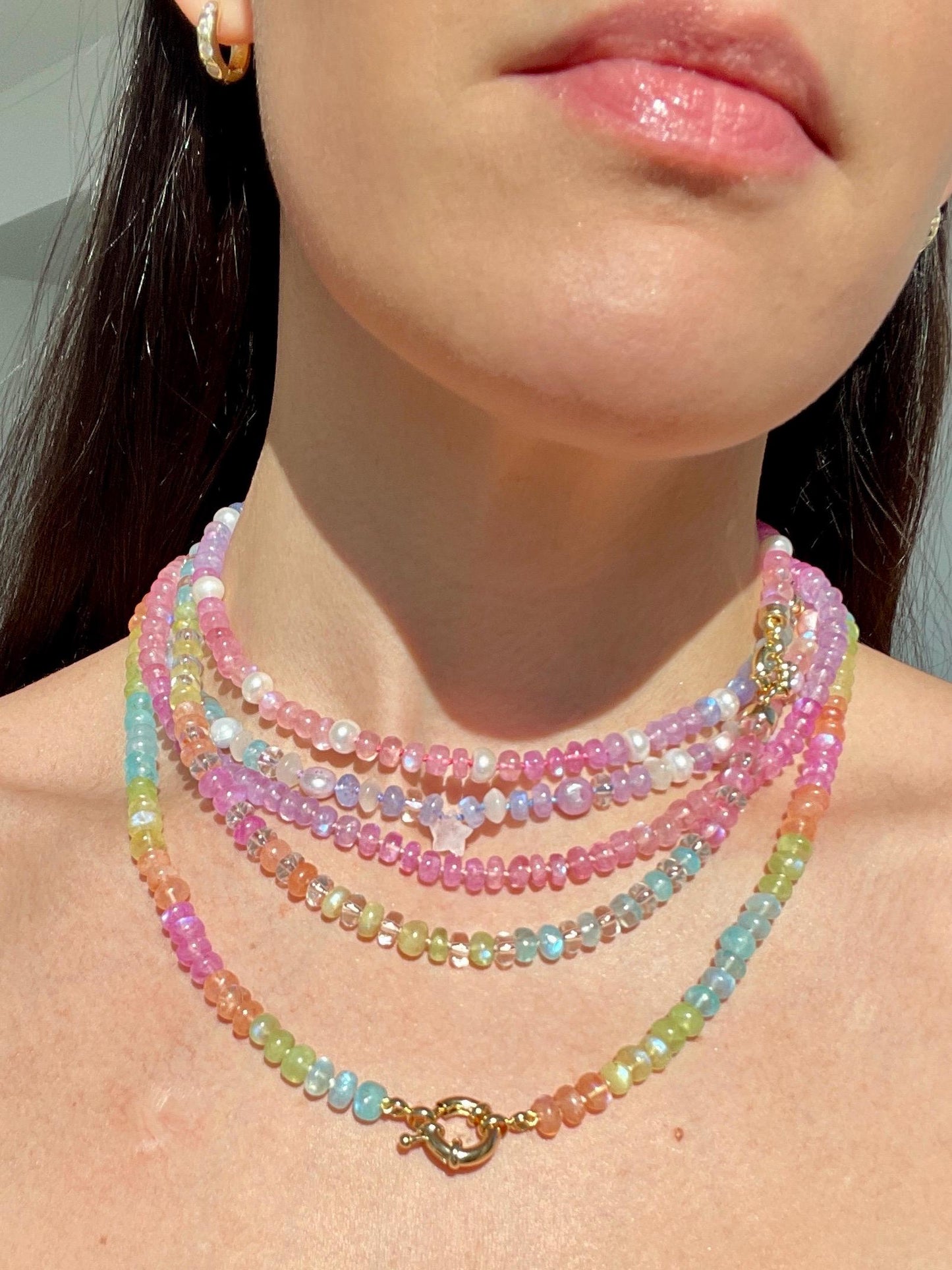 Rainbow Icee Luxe - Moonstone & Quartz Choker, 14K GF Clasp, Handknotted Silk Thread