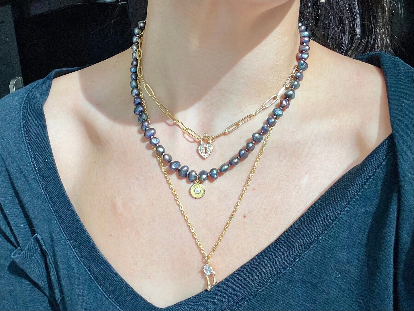 Ursula’s Part of Your World- Hand-knotted Black Pearl and 14K Gold Filled Disk Charm