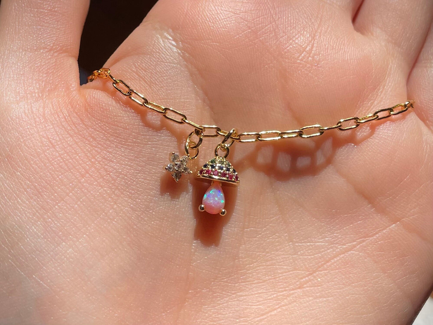 Mush Crush - Opalite Mushroom Charm Pendant on 24K Gold Filled Paper Clip Chain