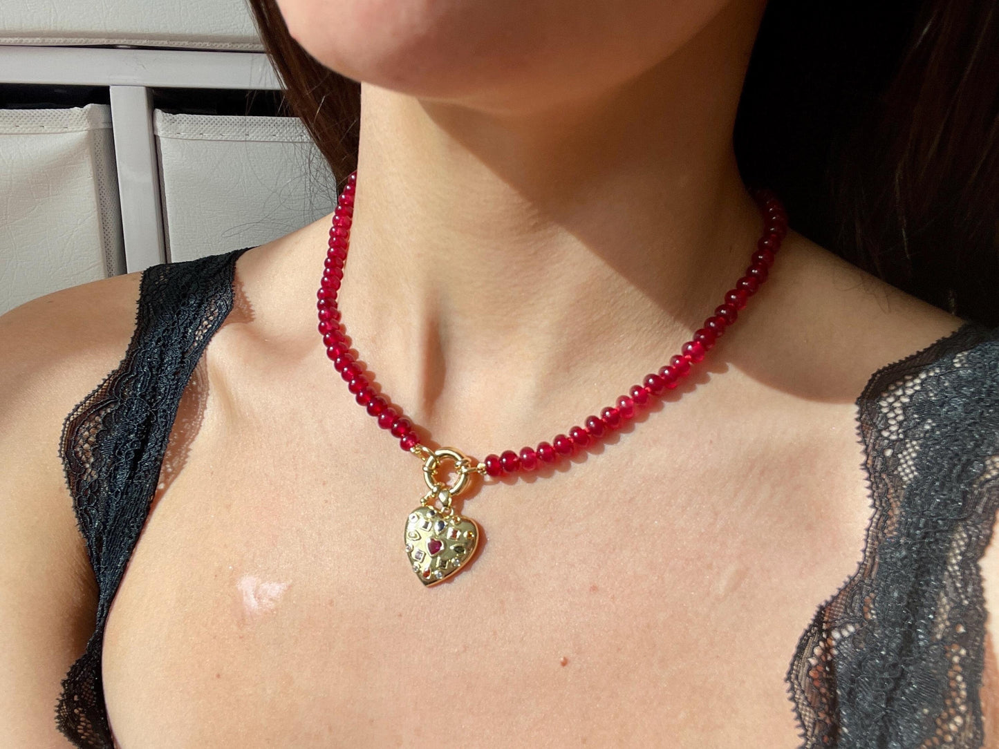Sequin Gemstone Heart Charm and Handknotted Gemstone Necklace with 14K GF Enhancer Clasp