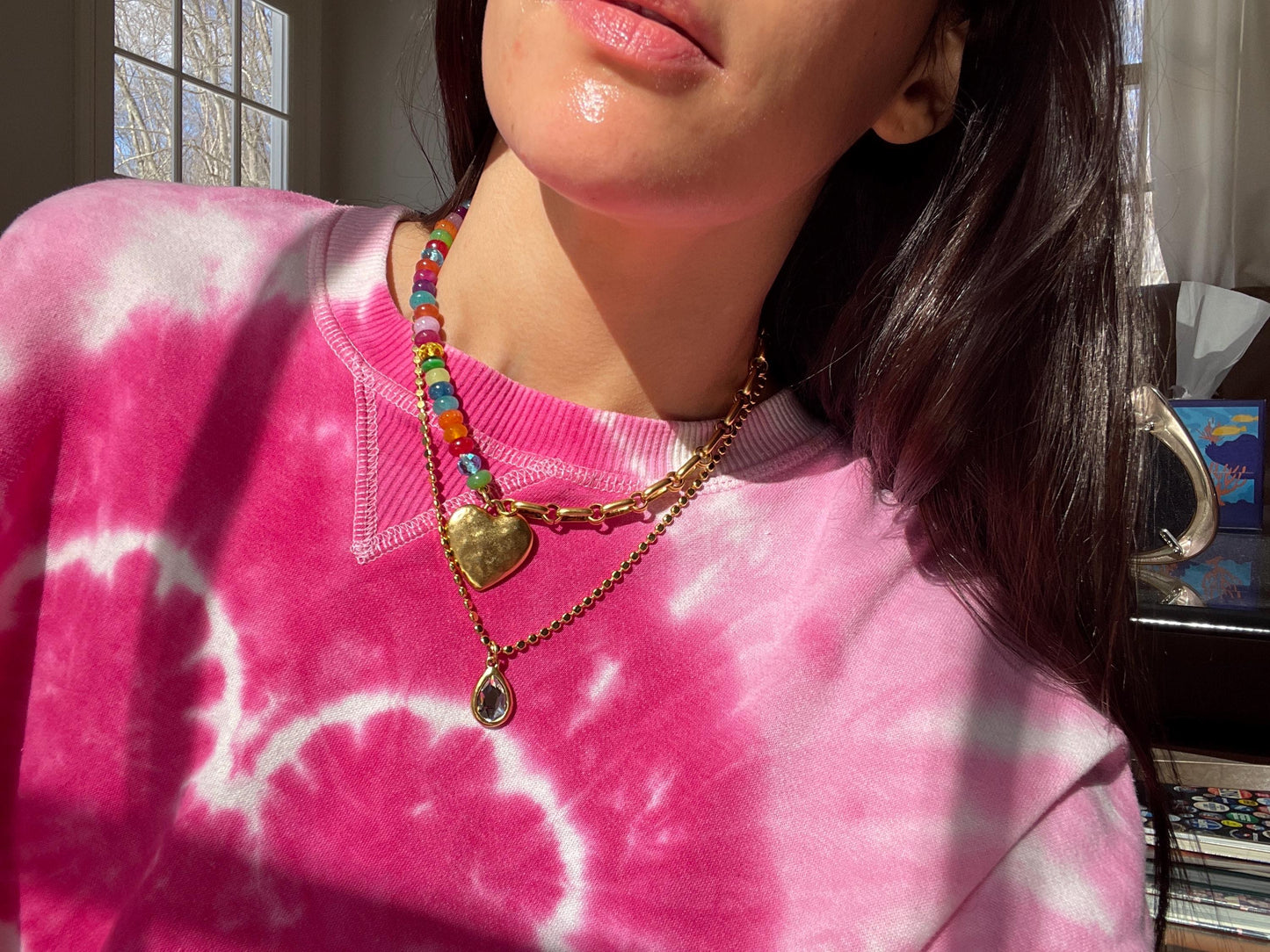 Lucky Charm Antique Brass Large Puffy Heart Charm Chain Necklace