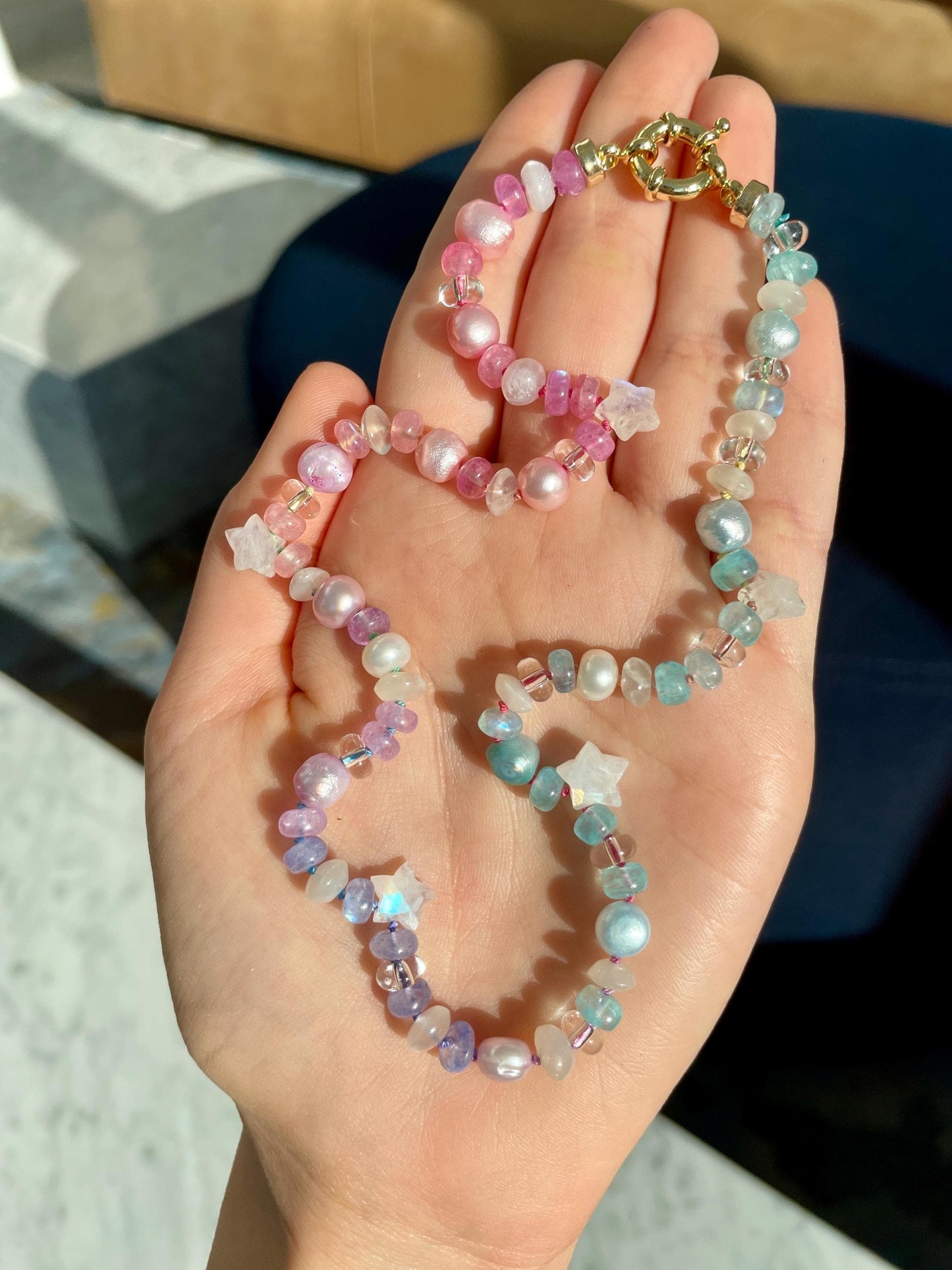 Kawaii Luxe Rainbow Moonstone, Pearl, Star & Quartz Choker, Gold Filled Clasp, Handknotted Silk Thread