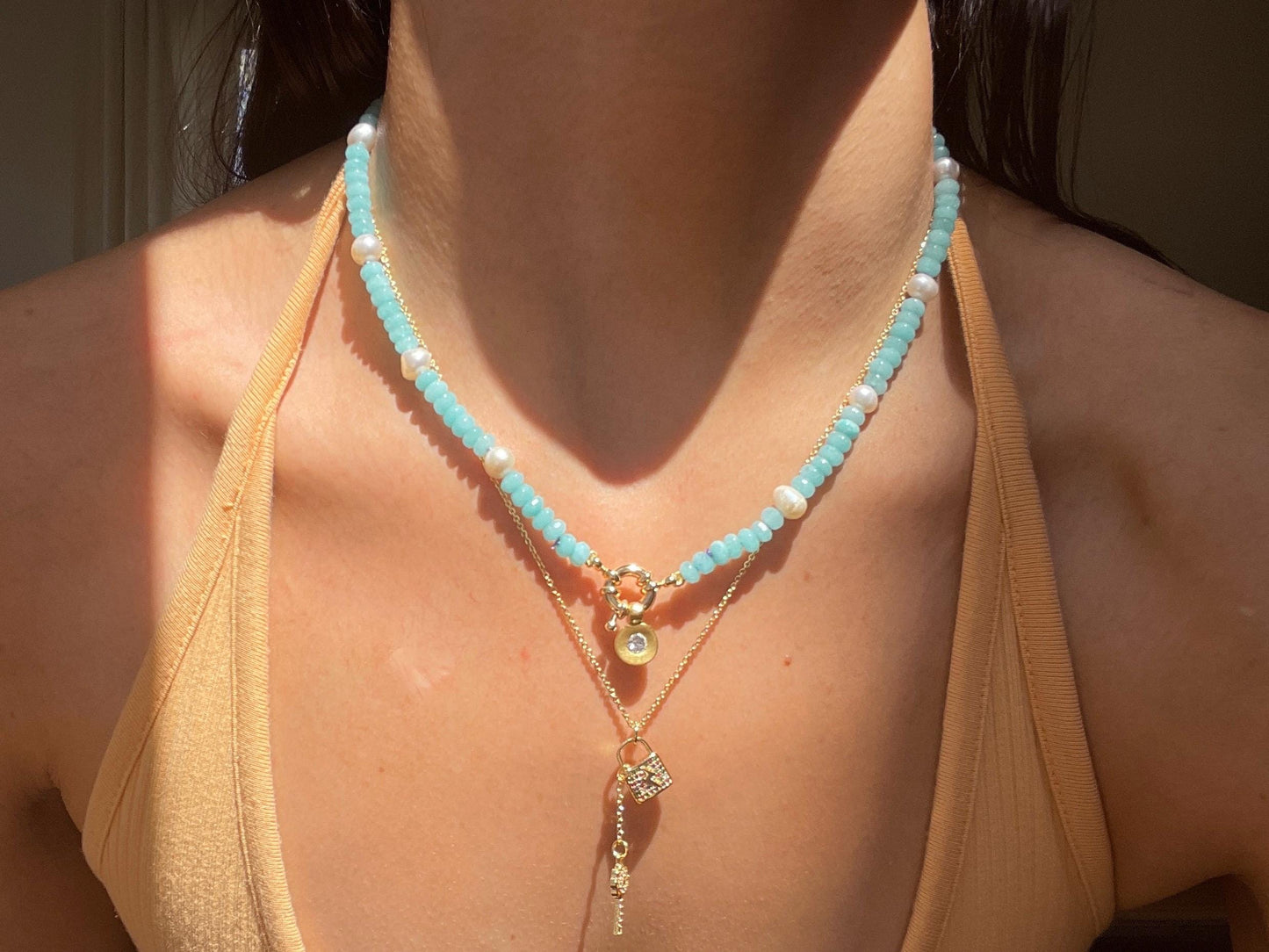 Blueberries & Cream Freshwater Pearl and Cool Blue Jade Gemstone Candy Necklace with 14K GF Enhancer Clasp and Swarovski Crystal Charm