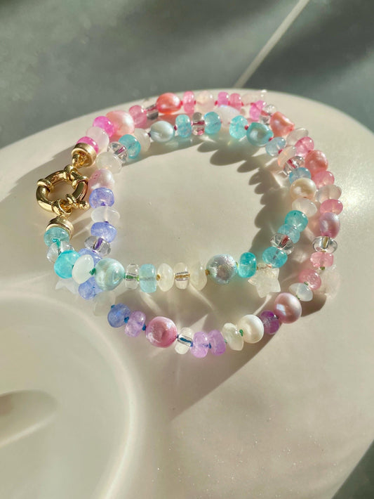 Kawaii Luxe Rainbow Moonstone, Pearl, Star & Quartz Choker, Gold Filled Clasp, Handknotted Silk Thread