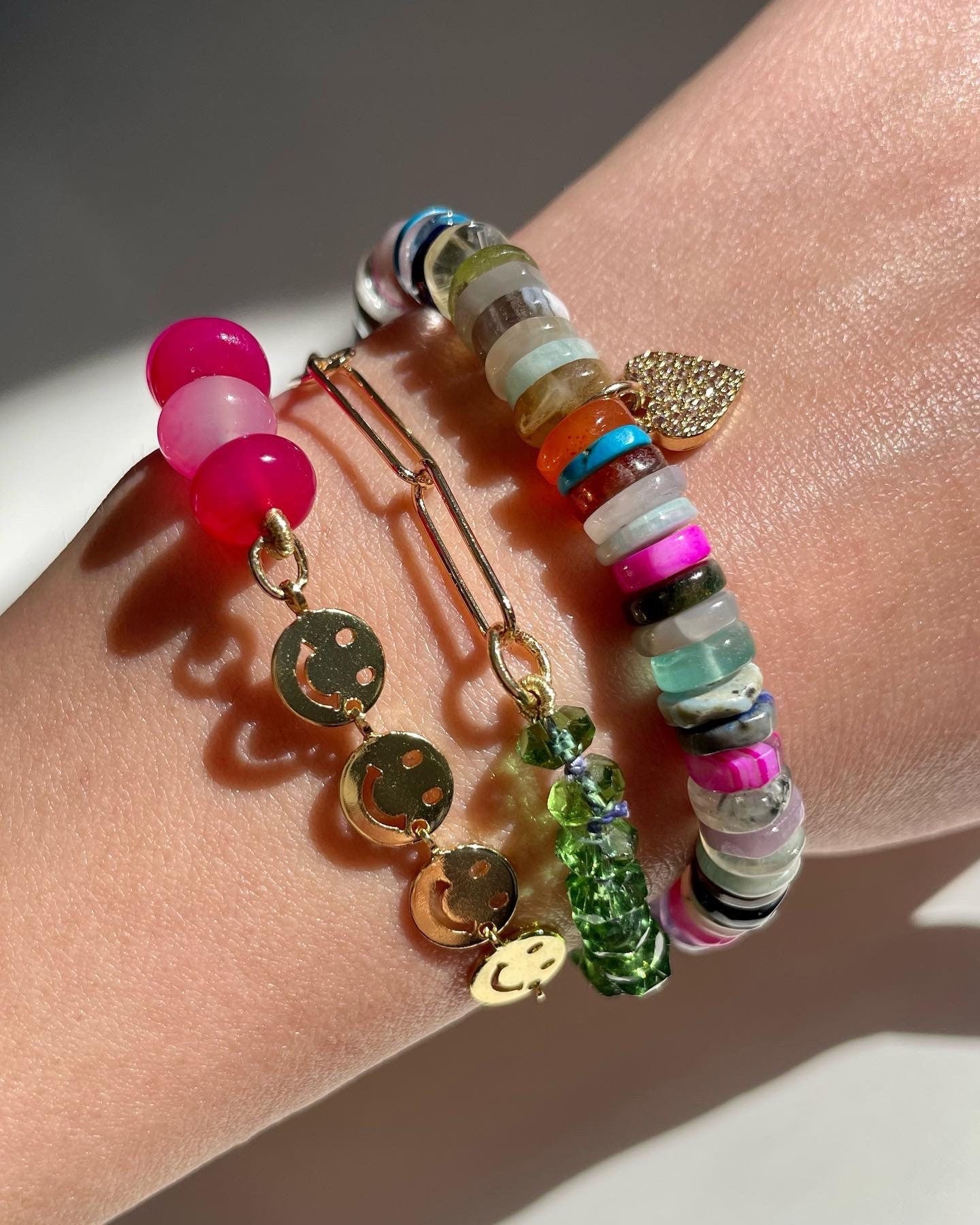 Fruity Pebbles - Heishi Gemstone Bracelet with Gold Filled Heart Charm