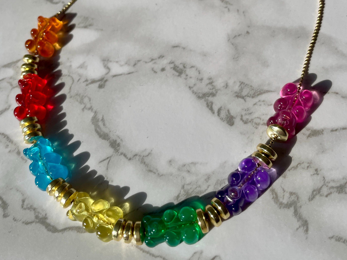 Goldie Bears - Rainbow Acrylic Gummy Bears & 14K GF Ball Bead Slider Chain