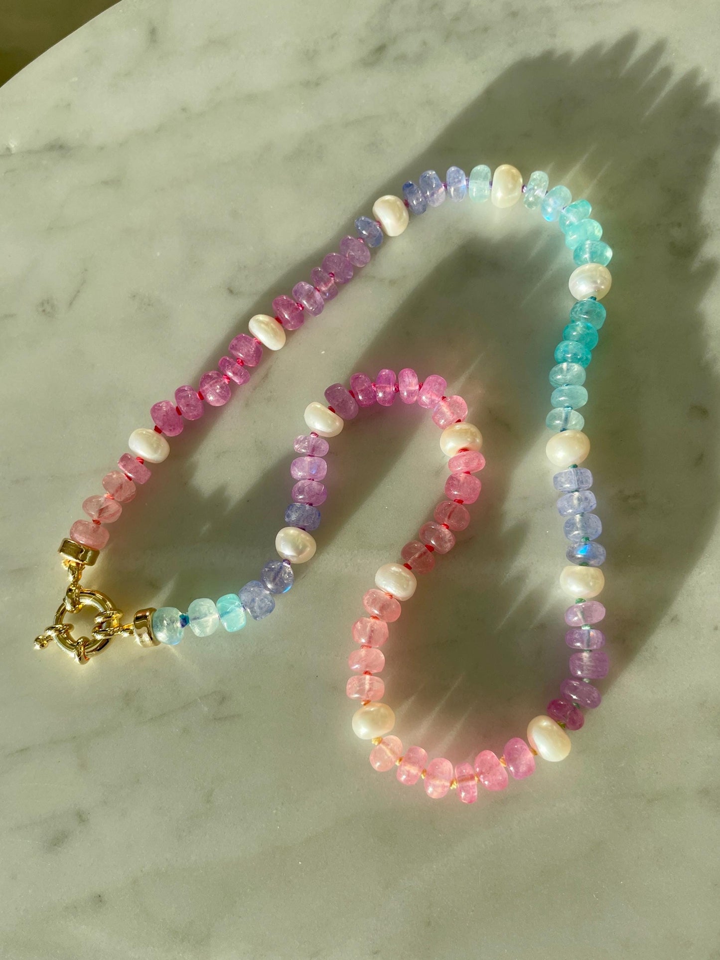 Mixed Berries & Cream Luxe - Rainbow Moonstone and Pearl Choker, GF Clasp, Hand Knotted Silk Thread