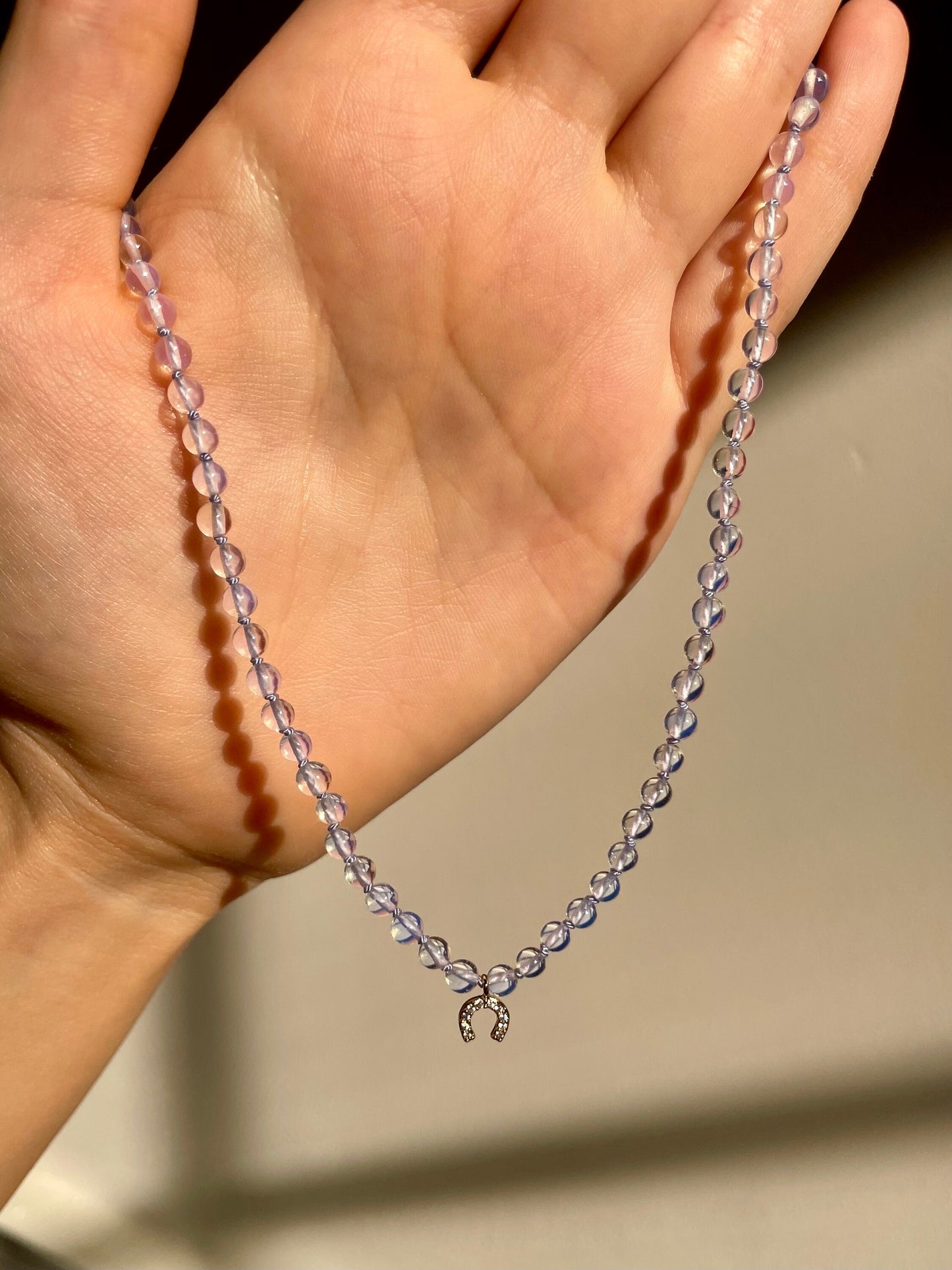 Hubba Bubba Lucky Double Bubble - Handknotted Opalite Choker with 14K GF Crystal Horseshoe Charm