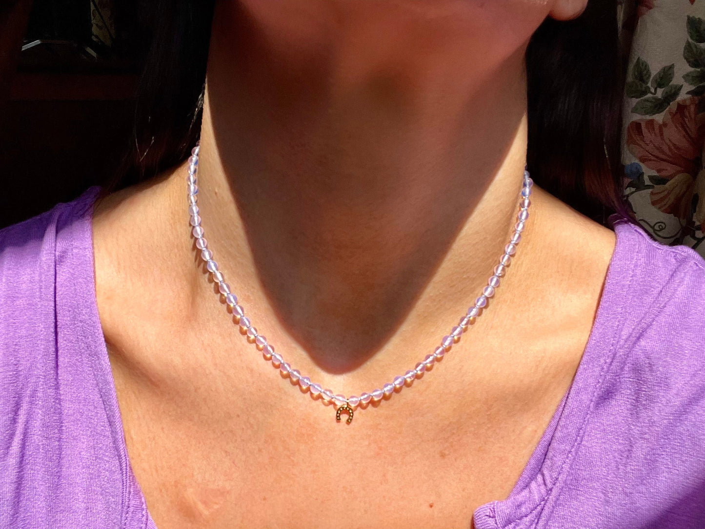 Hubba Bubba Lucky Double Bubble - Handknotted Opalite Choker with 14K GF Crystal Horseshoe Charm