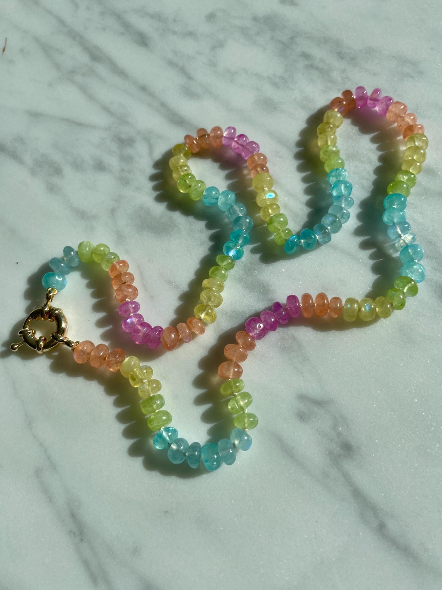 Mrs. Frizzle's Fave Luxe - Rainbow Moonstone Necklace, 14K Gold Clasp, Hand Knotted Silk Thread