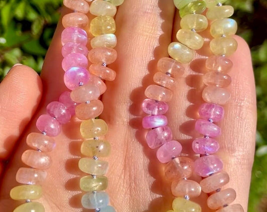 Mrs. Frizzle’s Fave Luxe - Handknotted AAA+ Rainbow Moonstone 14K & Large 14K Solid Gold Enhancer Clasp