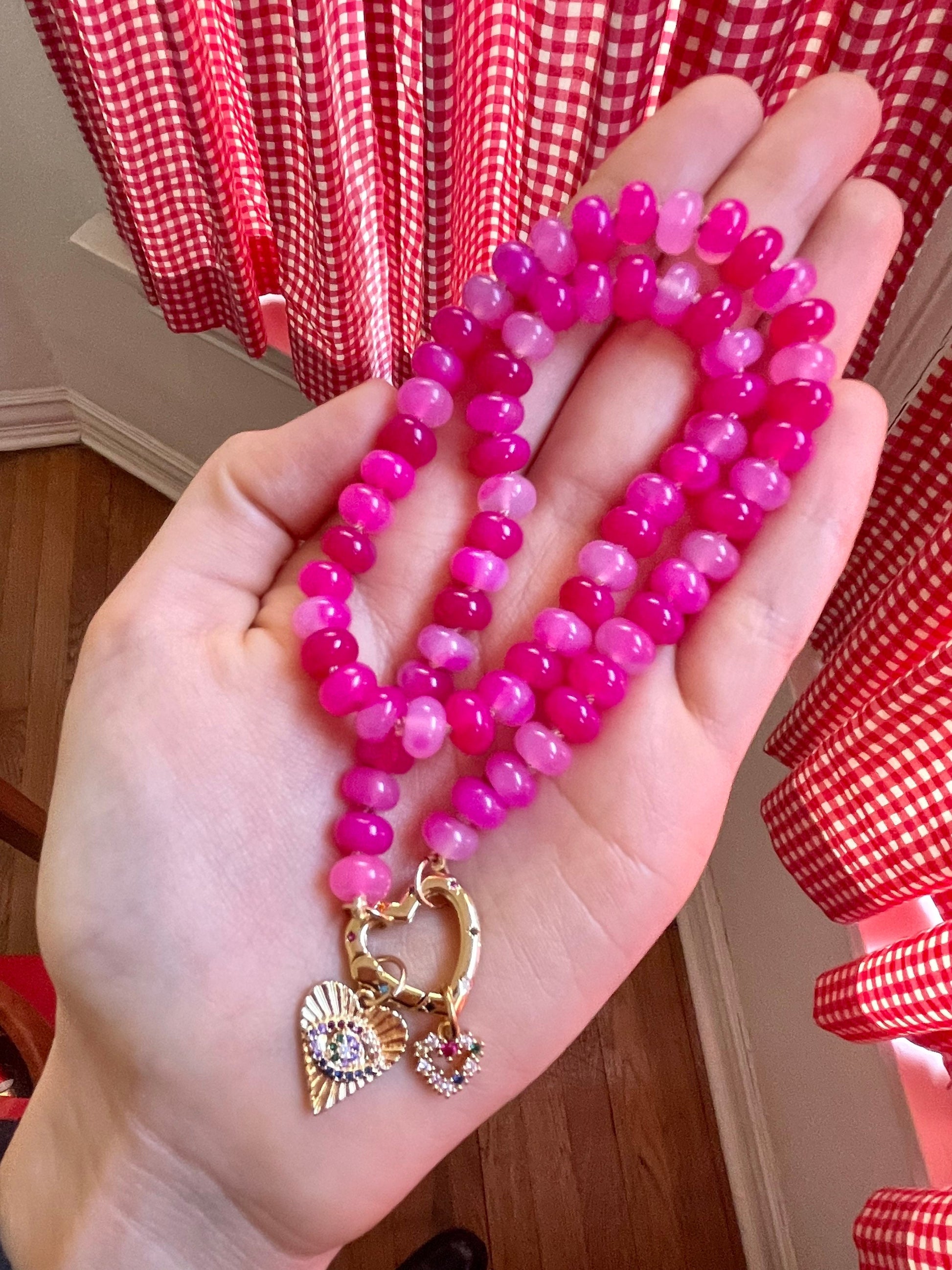Every Day is Valentines Day, Baby - Pink Agate Gemstone Candy Necklace with GF Heart Enhancer Clasp