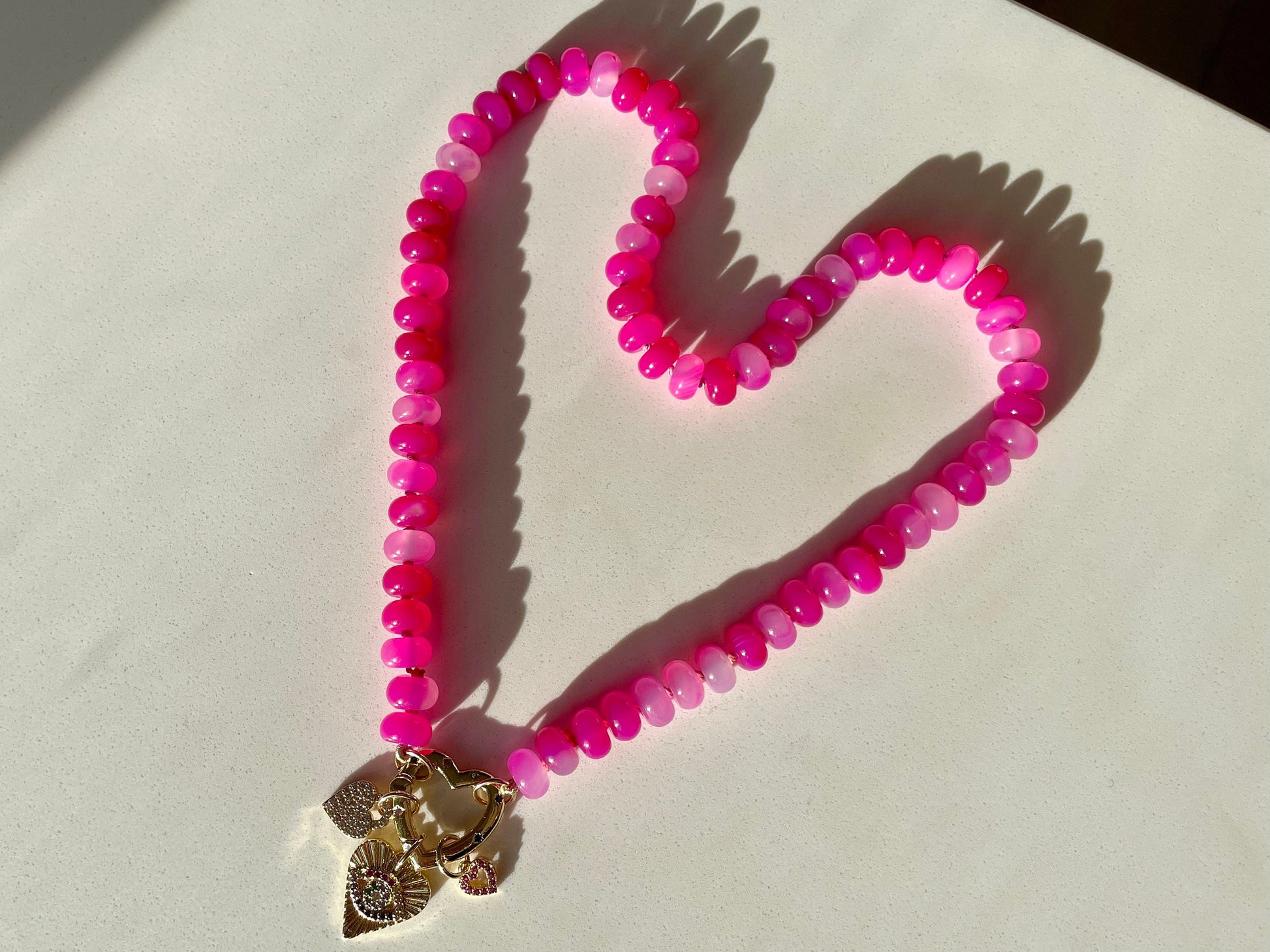 Every Day is Valentines Day, Baby - Pink Agate Gemstone Candy Necklace with GF Heart Enhancer Clasp