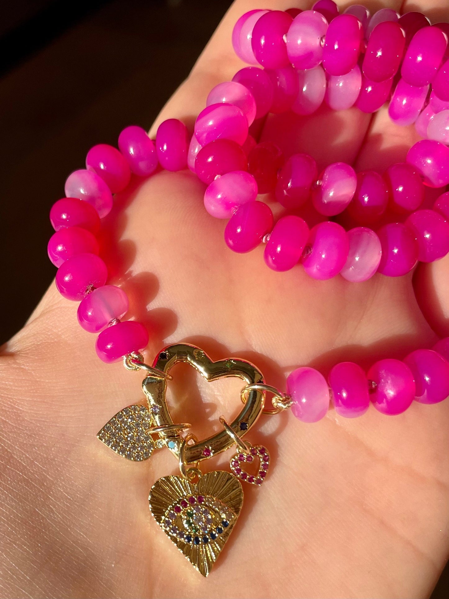 Every Day is Valentines Day, Baby - Pink Agate Gemstone Candy Necklace with GF Heart Enhancer Clasp