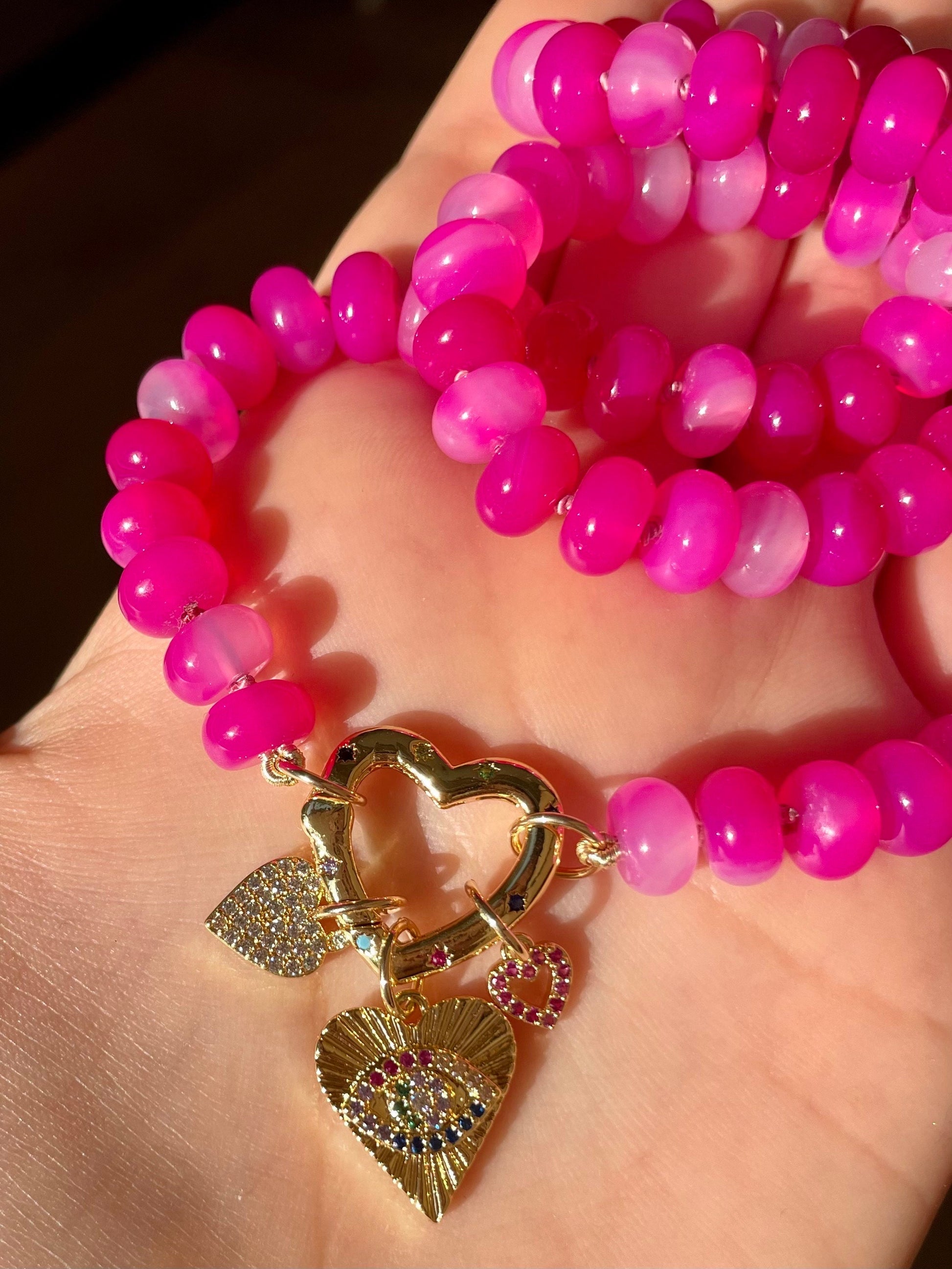 Every Day is Valentines Day, Baby - Pink Agate Gemstone Candy Necklace with GF Heart Enhancer Clasp