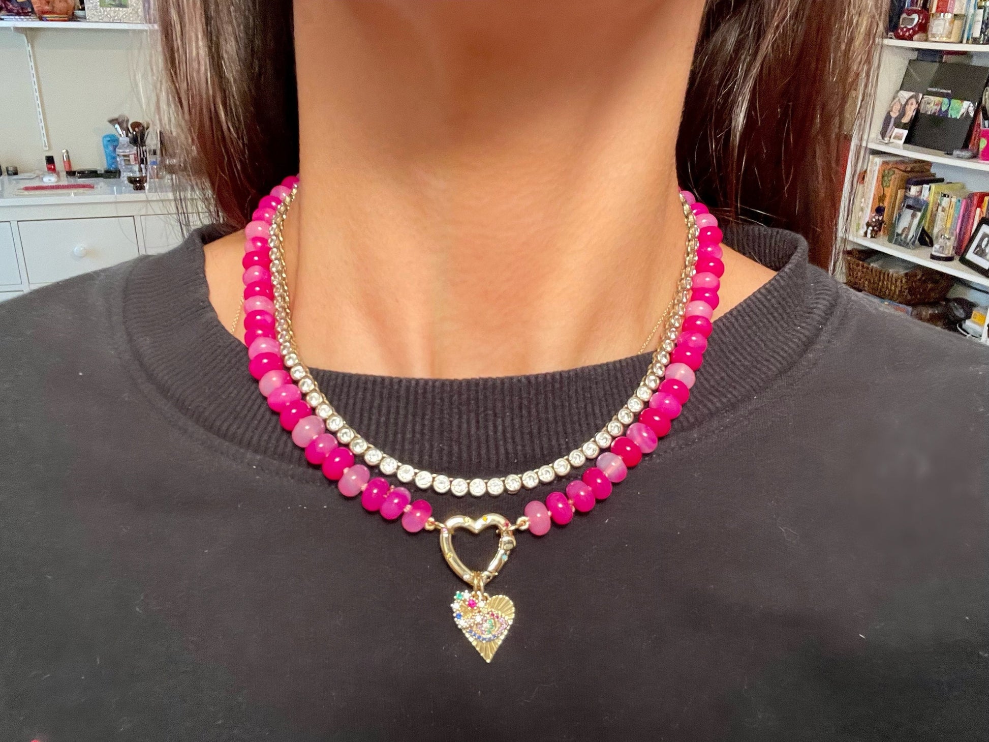 Every Day is Valentines Day, Baby - Pink Agate Gemstone Candy Necklace with GF Heart Enhancer Clasp
