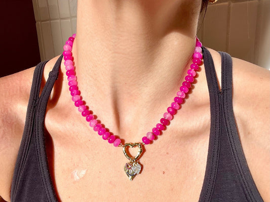 Every Day is Valentines Day, Baby - Pink Agate Gemstone Candy Necklace with GF Heart Enhancer Clasp