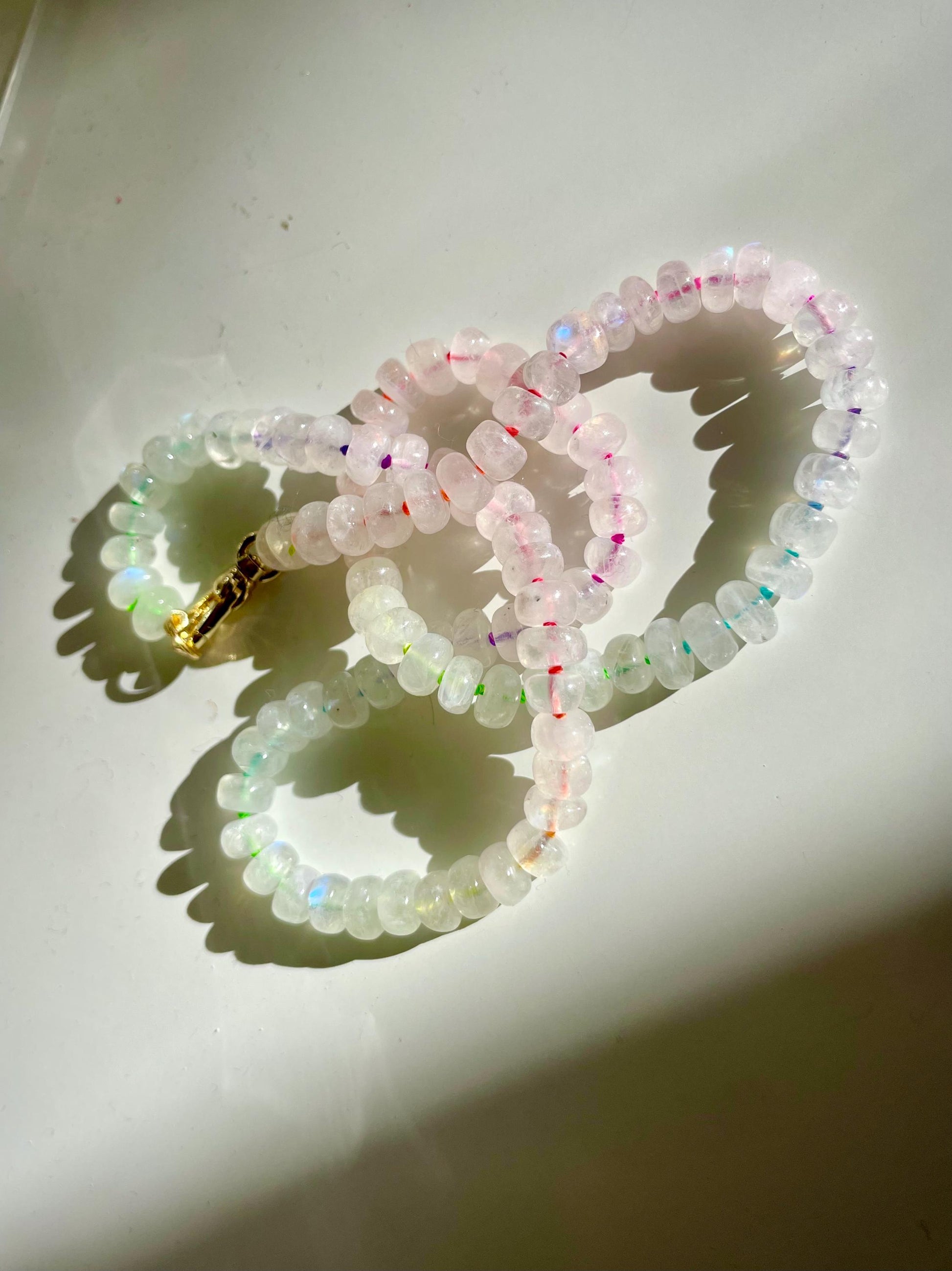 Rainbow Moonboots - Hand Knotted Moonstone Necklace on Rainbow Silk Thread