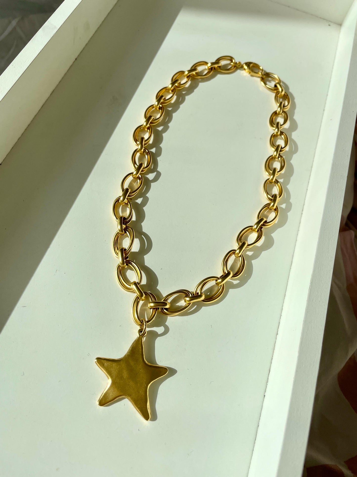 Starburst Antique Brass Large Star Charm Chain Necklace