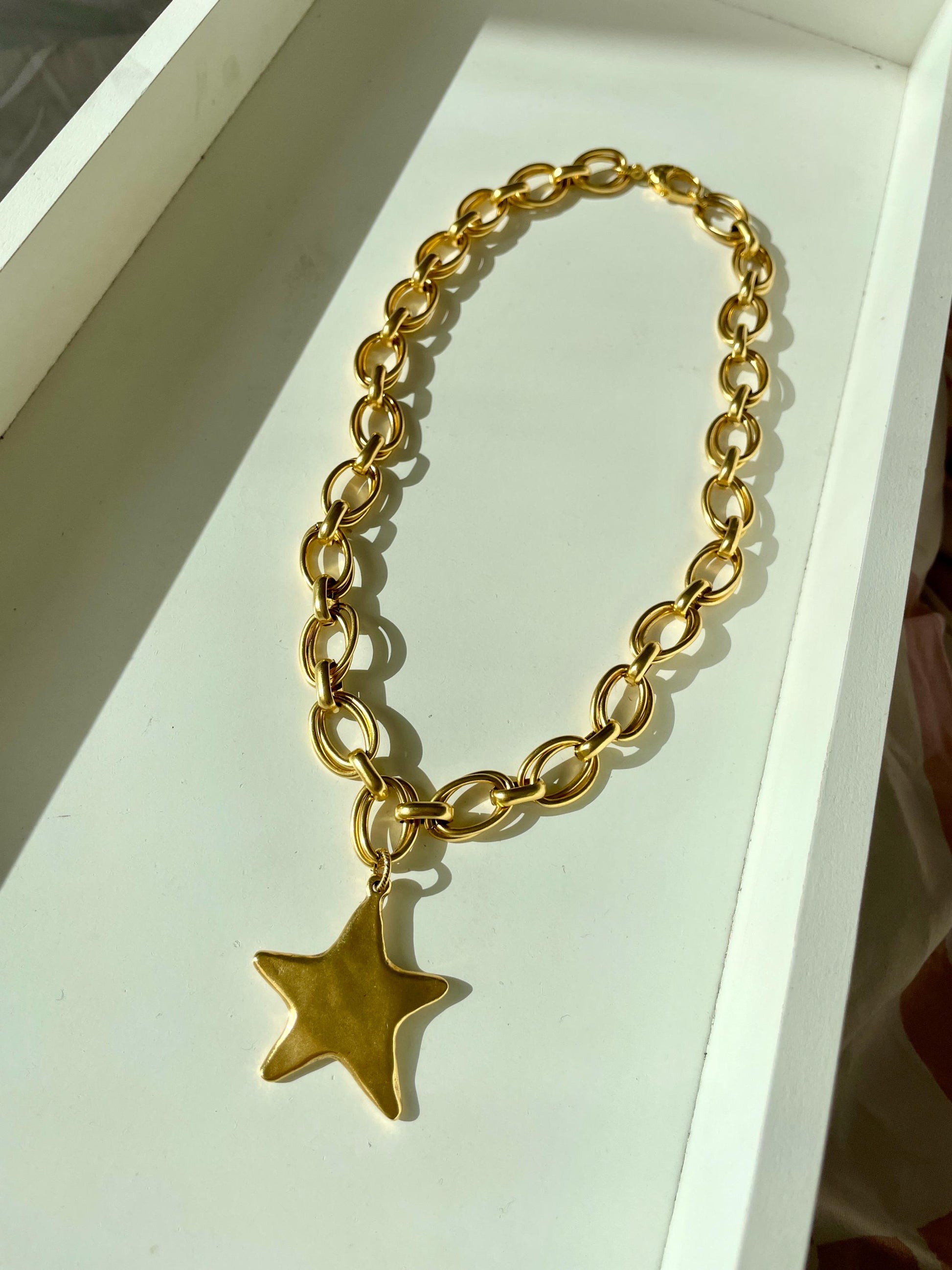 Starburst Antique Brass Large Star Charm Chain Necklace