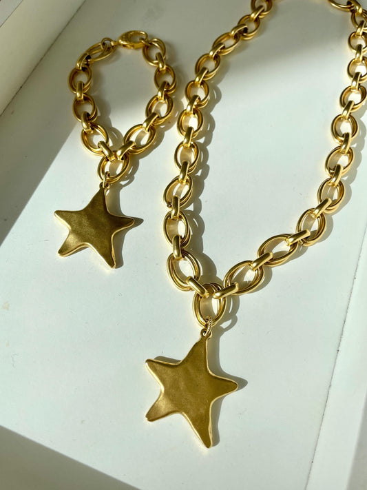 Starburst Antique Brass Large Star Charm Chain Necklace