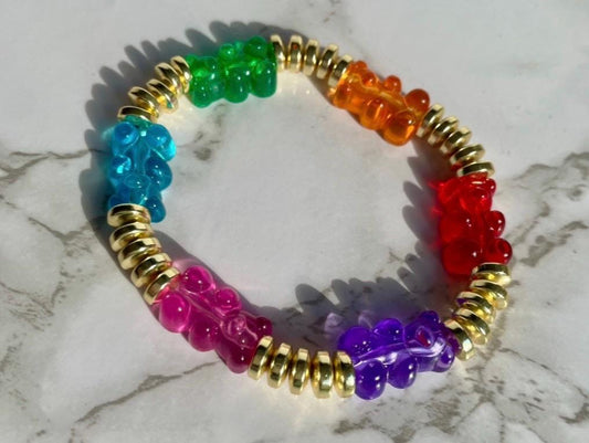 Fam Jam Bears - Rainbow Acrylic Gummy Bears & 14K GF Disc Beaded Stacking Bracelet