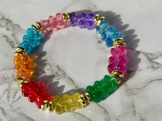 Family Reunion Bears - Rainbow Acrylic Gummy Bears & 14K GF Disc Beaded Stacking Bracelet