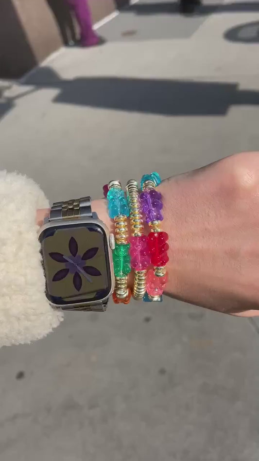 Family Reunion Bears - Rainbow Acrylic Gummy Bears & 14K GF Disc Beaded Stacking Bracelet