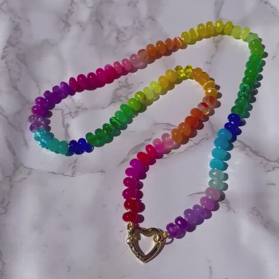 Sweetheart Skittles | Hand-Knotted  Rainbow Gemstone Candy Necklace with Gold Filled Heart Enhancer