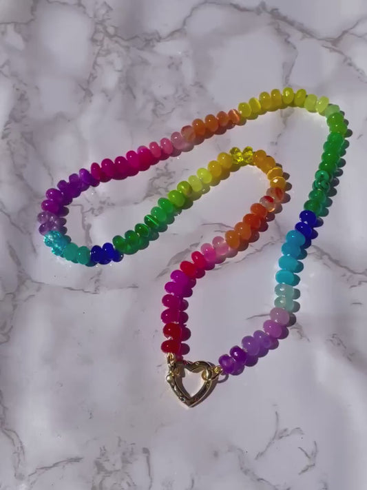 Sweetheart Skittles | Hand-Knotted  Rainbow Gemstone Candy Necklace with Gold Filled Heart Enhancer